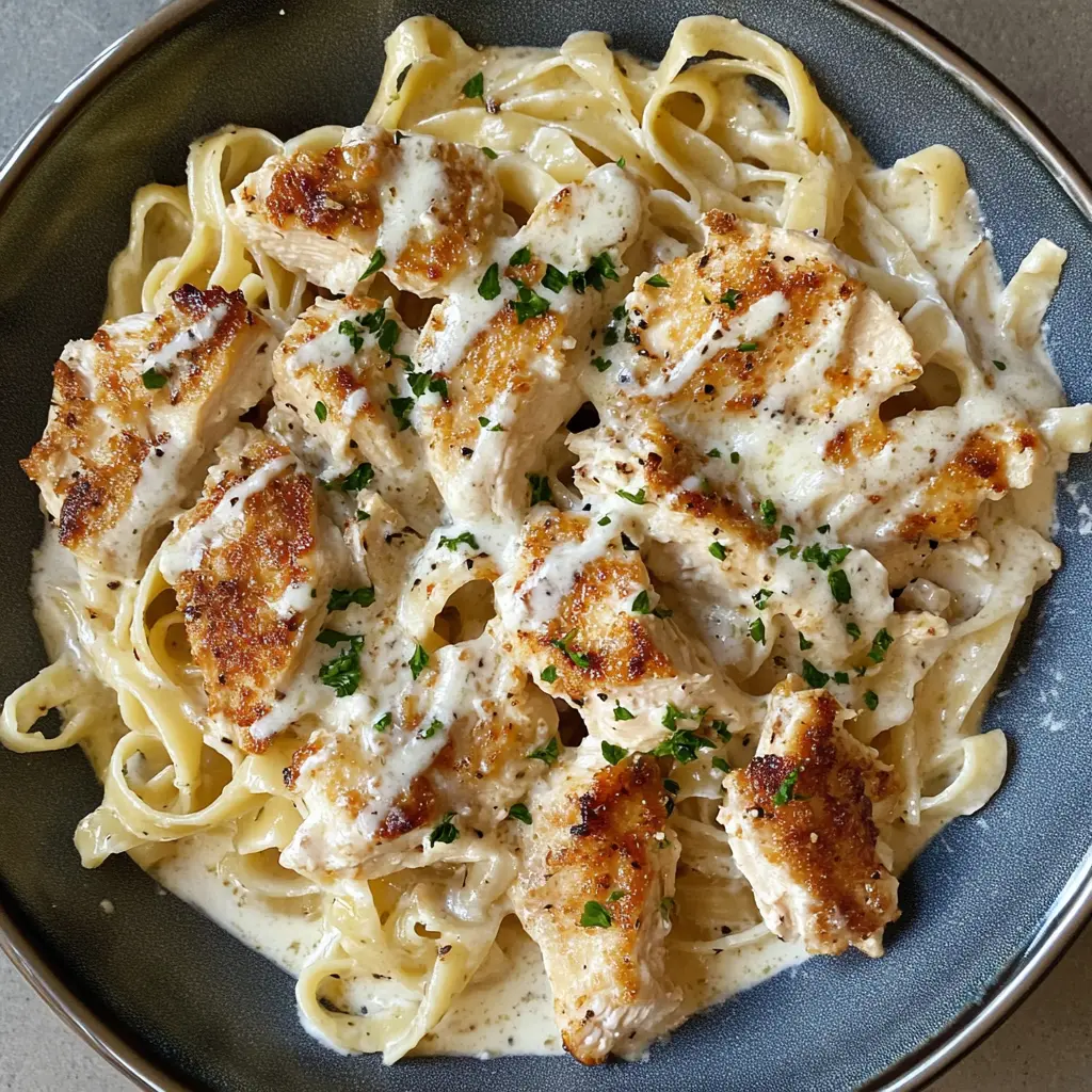 Creamy Chicken Fettuccine Alfredo brings restaurant flavors right to your kitchen! This delightful dish combines tender chicken, fresh fettuccine, and a rich, homemade Alfredo sauce bursting with parmesan goodness. Perfect for cozy dinners or impressing guests! Save this delicious recipe for your next family meal!