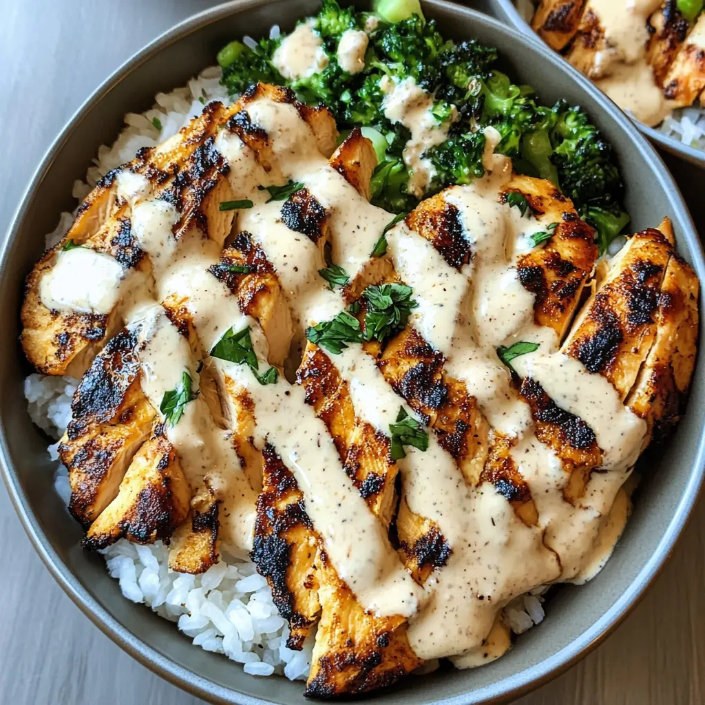 These Chicken & Rice Bowls with Creamy Garlic Sauce are the perfect weeknight dinner! Juicy chicken served over fluffy rice and drizzled with a rich garlic sauce promises a delightful meal. Quick and easy, this recipe is comforting yet delicious enough for any occasion. Save this pin for your next family dinner or meal prep!