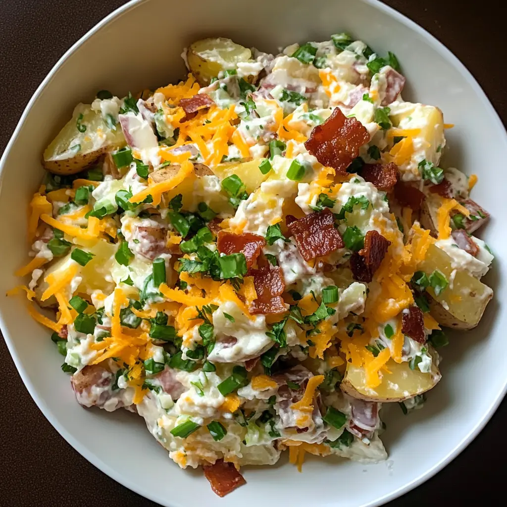 Transform your summer barbecues with this creamy Loaded Baked Potato Salad! Featuring crispy bacon, sharp cheddar cheese, and a tangy dressing, this dish packs all the flavors of a baked potato into a refreshing salad. Perfect for picnics or potlucks, don't forget to save this easy recipe to impress your friends and family at your next gathering!