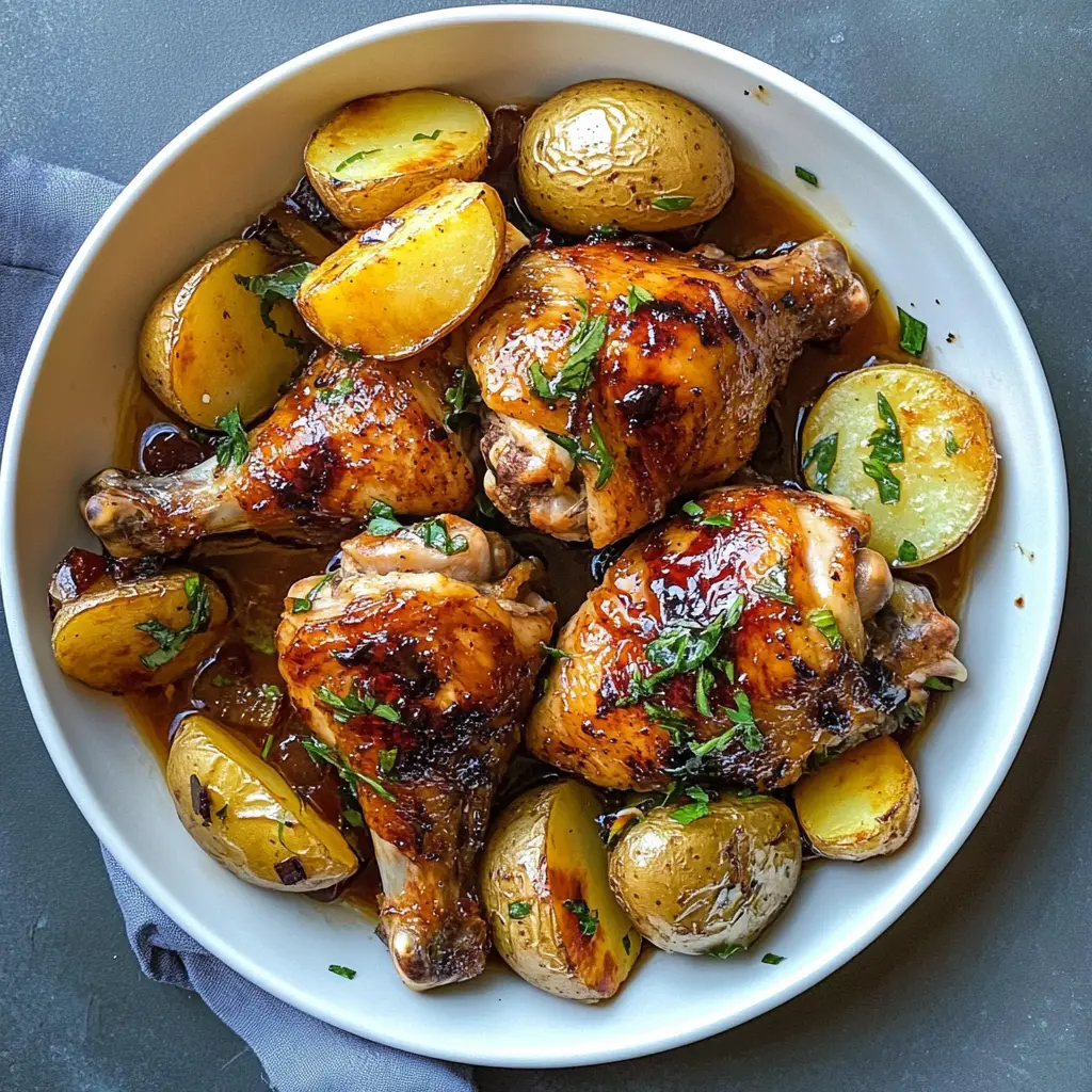 Juicy chicken thighs paired with tender potatoes create a perfect one-pan meal! This easy recipe is bursting with flavor and balanced nutrition. The crispy skin and savory herbs make each bite satisfying. Ideal for family dinners or meal prep! Don’t forget to save this quick weeknight dinner idea for your next cooking adventure!